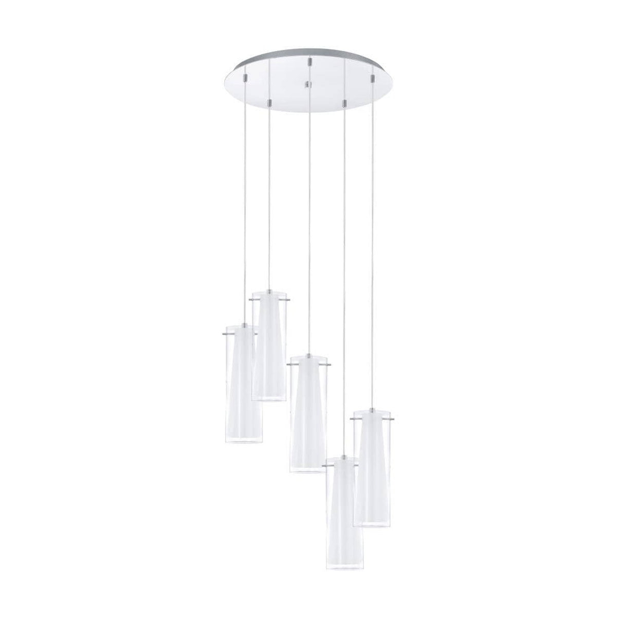 Suspension chromée à cinq abat-jours cylindriques en verre, vue de face sur fond blanc