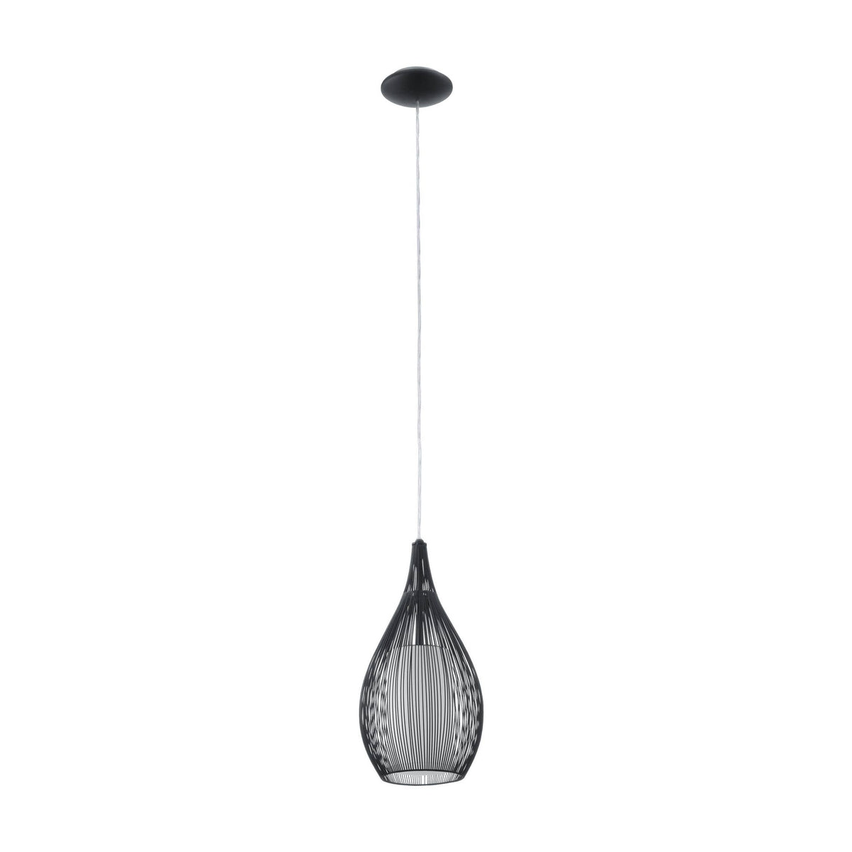 Suspension noire ajourée en fil métallique, câble blanc et embase ronde, fond blanc.