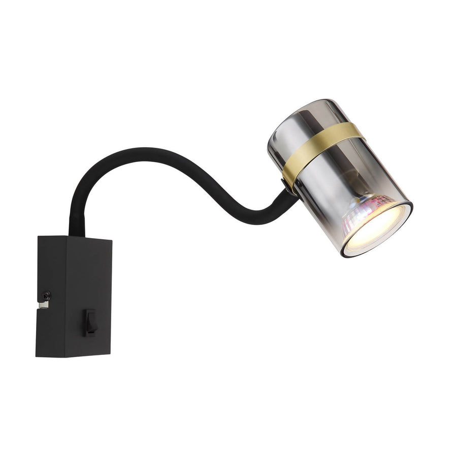Applique murale noire, bras flexible et spot cylindrique en verre fumé, produit de face