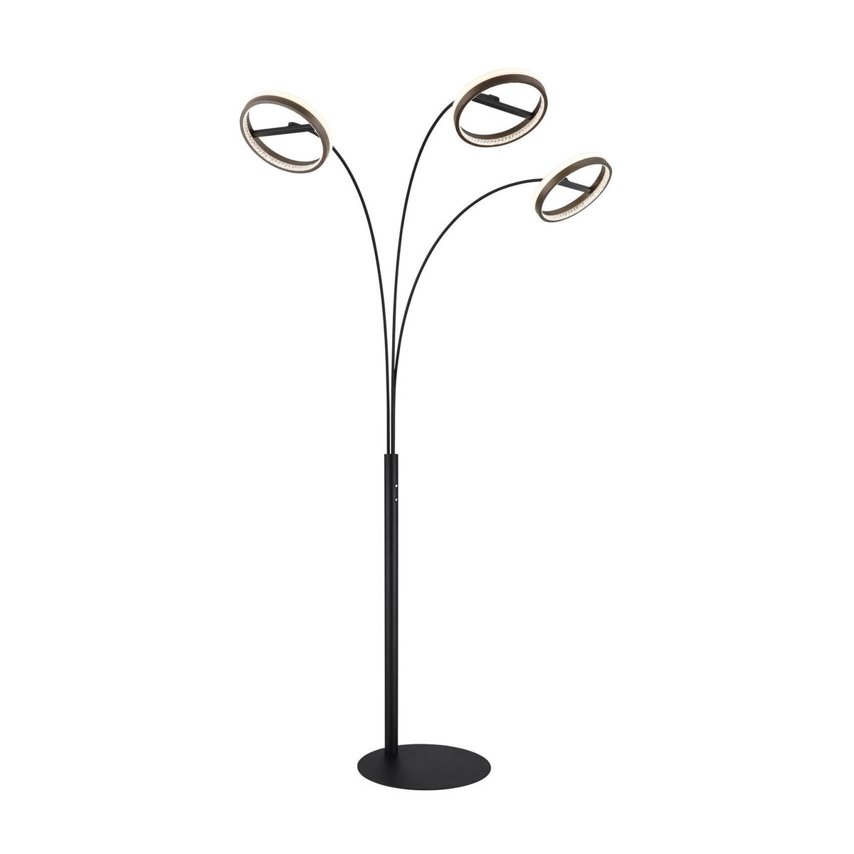 Lampadaire noir mat à trois tiges courbes terminées par des anneaux LED, fond blanc