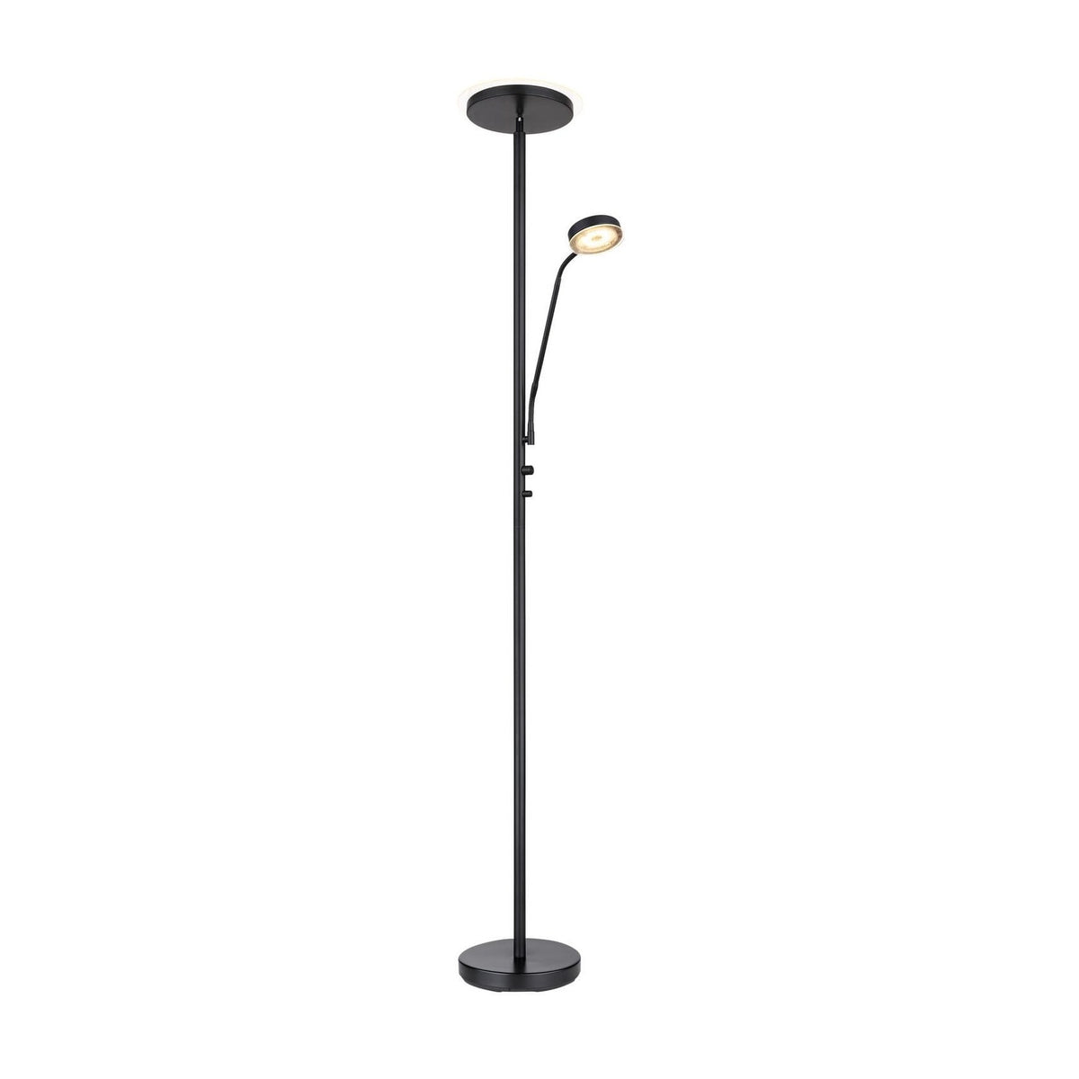 Lampadaire noir mat de face avec tige verticale, socle rond et liseuse orientable