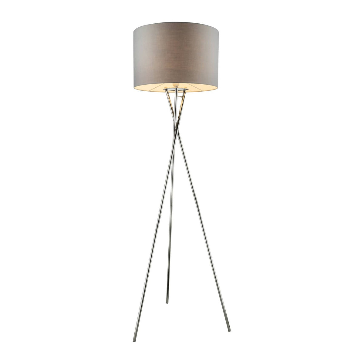 Lampadaire entier sur fond blanc, abat-jour cylindrique gris et pied trépied en métal chromé