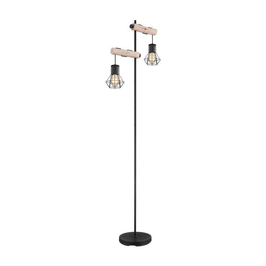 Lampadaire noir mat de face, deux bras en bois et cages métalliques