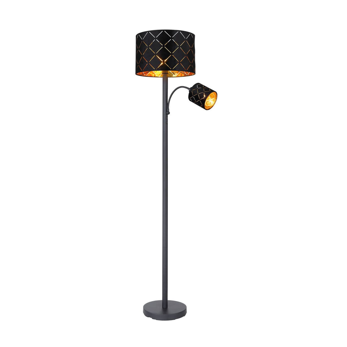 Lampadaire noir entier, abat-jour cylindrique ajouré et petit spot orientable