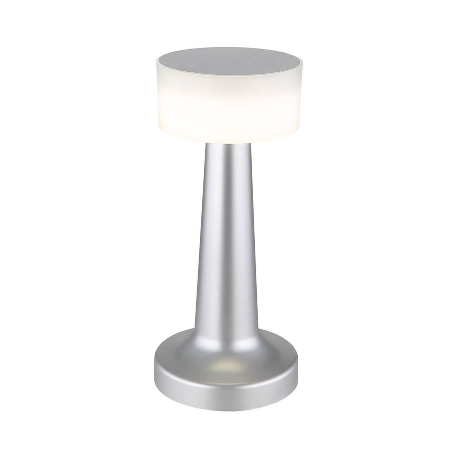 Lampe à poser nickel satiné avec diffuseur cylindrique blanc, vue de face sur fond blanc.