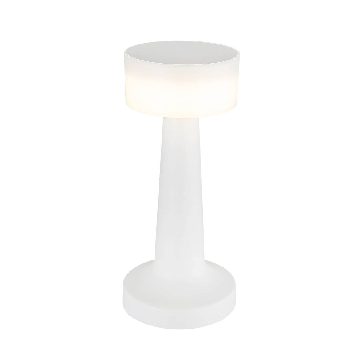 Lampe à poser blanche de face sur fond blanc, abat-jour cylindrique et pied fuselé.
