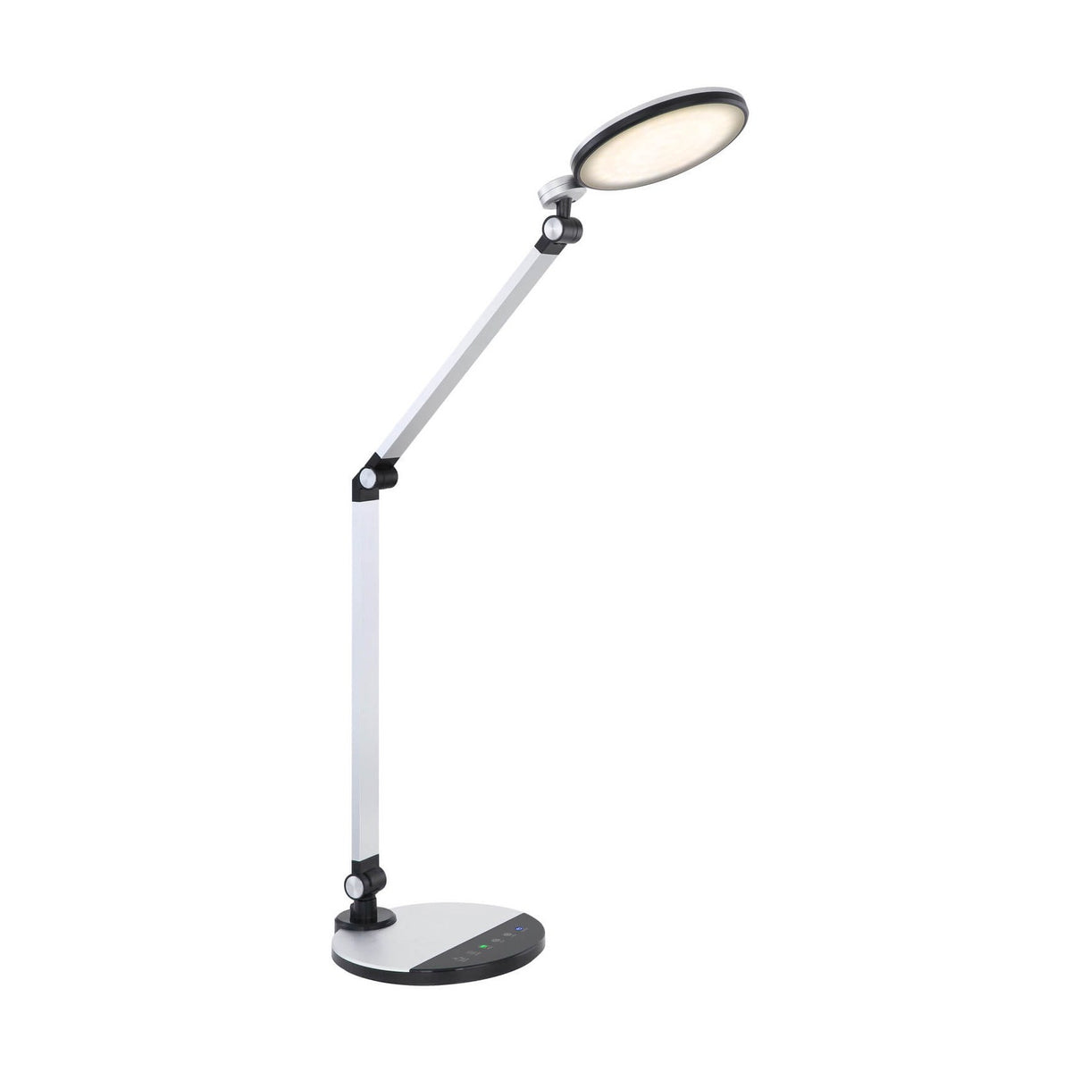 Lampe de bureau articulée, tête ronde orientable, vue d'ensemble sur fond blanc.
