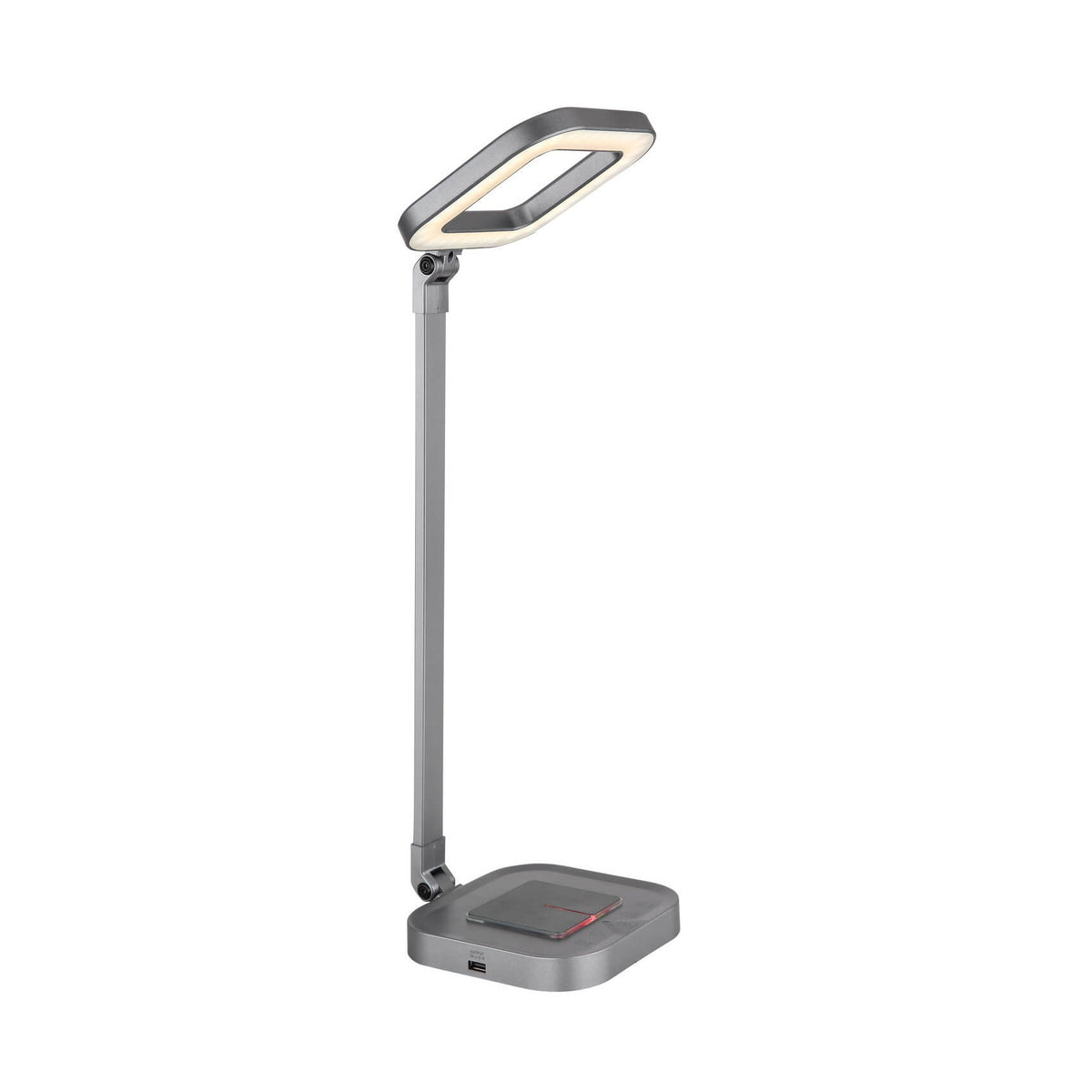 Lampe de bureau grise vue de trois quarts face sur fond blanc