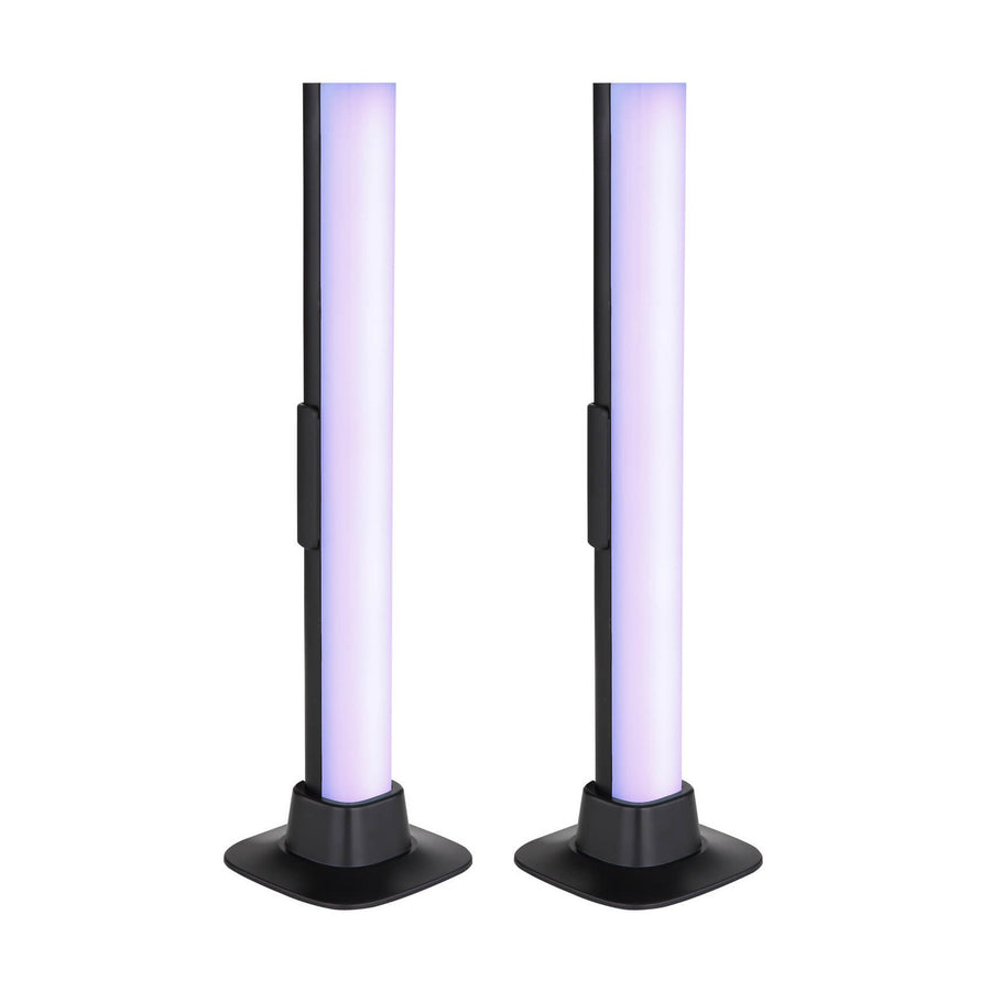 Deux lampes à poser noires et tubes lumineux violet pâle, vues de face sur fond blanc.