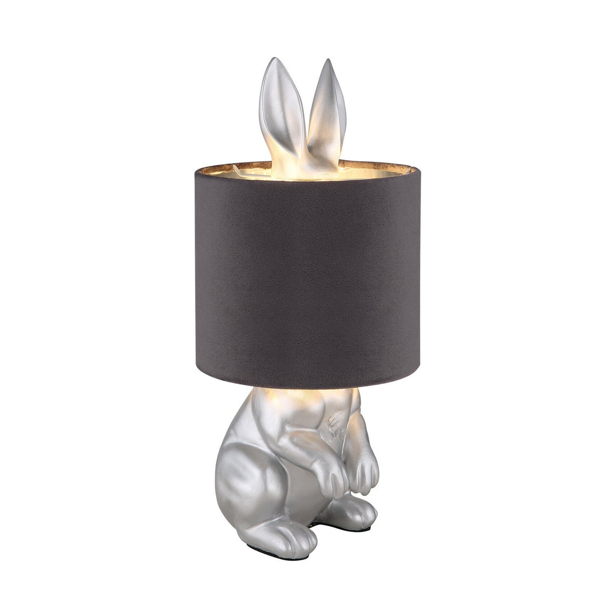 Lampe à poser argentée en forme de lapin avec abat-jour cylindrique gris, vue de face