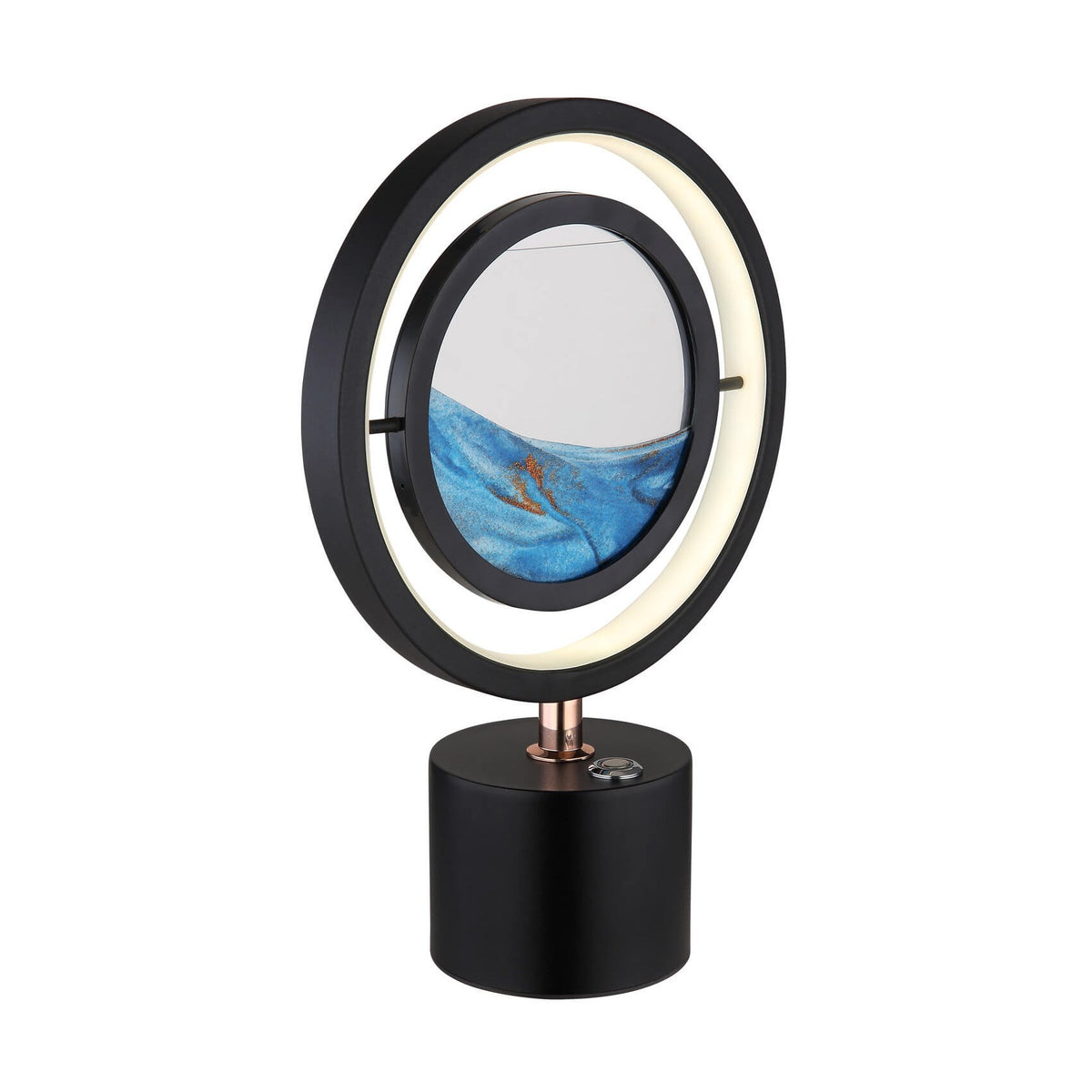 Lampe à poser noire mate, anneau lumineux et décor bleu, vue de face.