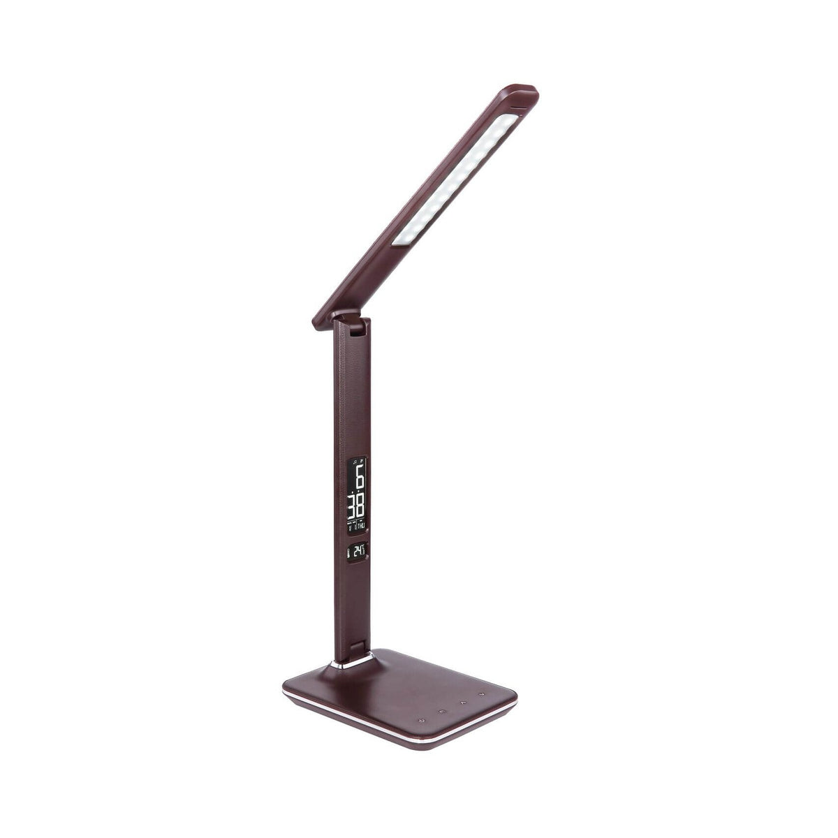 Lampe de bureau marron foncé de trois quarts, pied avec écran digital et tête inclinée.