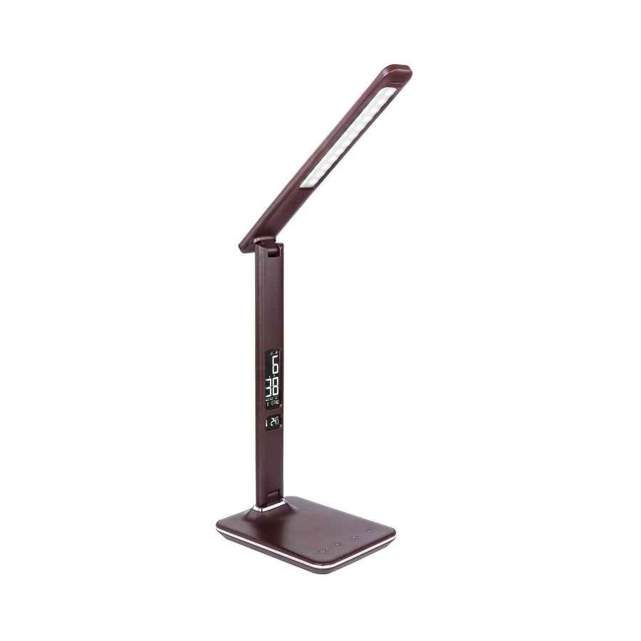 Lampe de bureau marron foncé de trois quarts, pied avec écran digital et tête inclinée.
