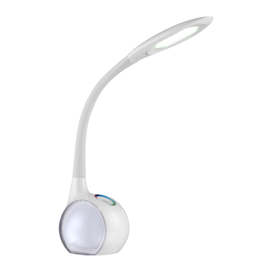 Lampe de bureau blanche, col flexible courbé et tête ovale éclairante, fond neutre