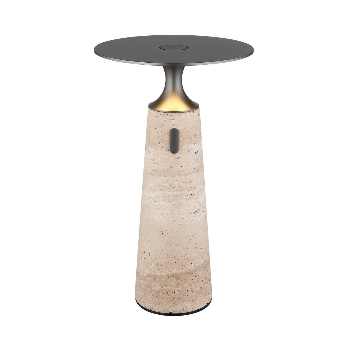 Lampe à poser en travertin, abat-jour rond noir, éclairage éteint, fond blanc