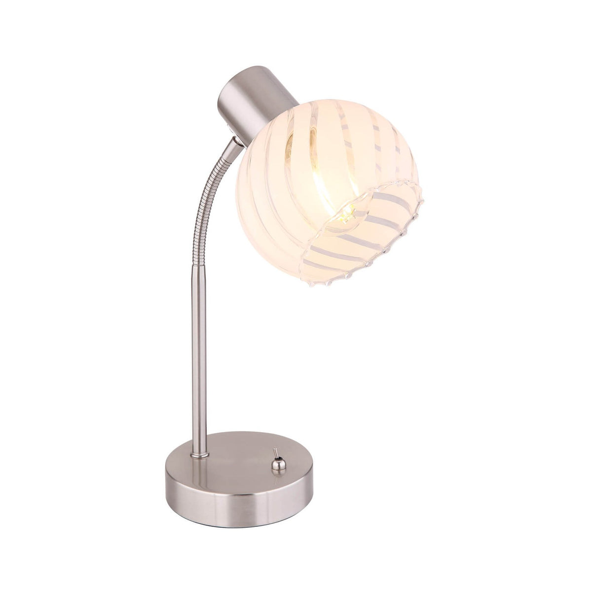 Lampe à poser de face avec abat-jour sphérique en verre strié et bras flexible