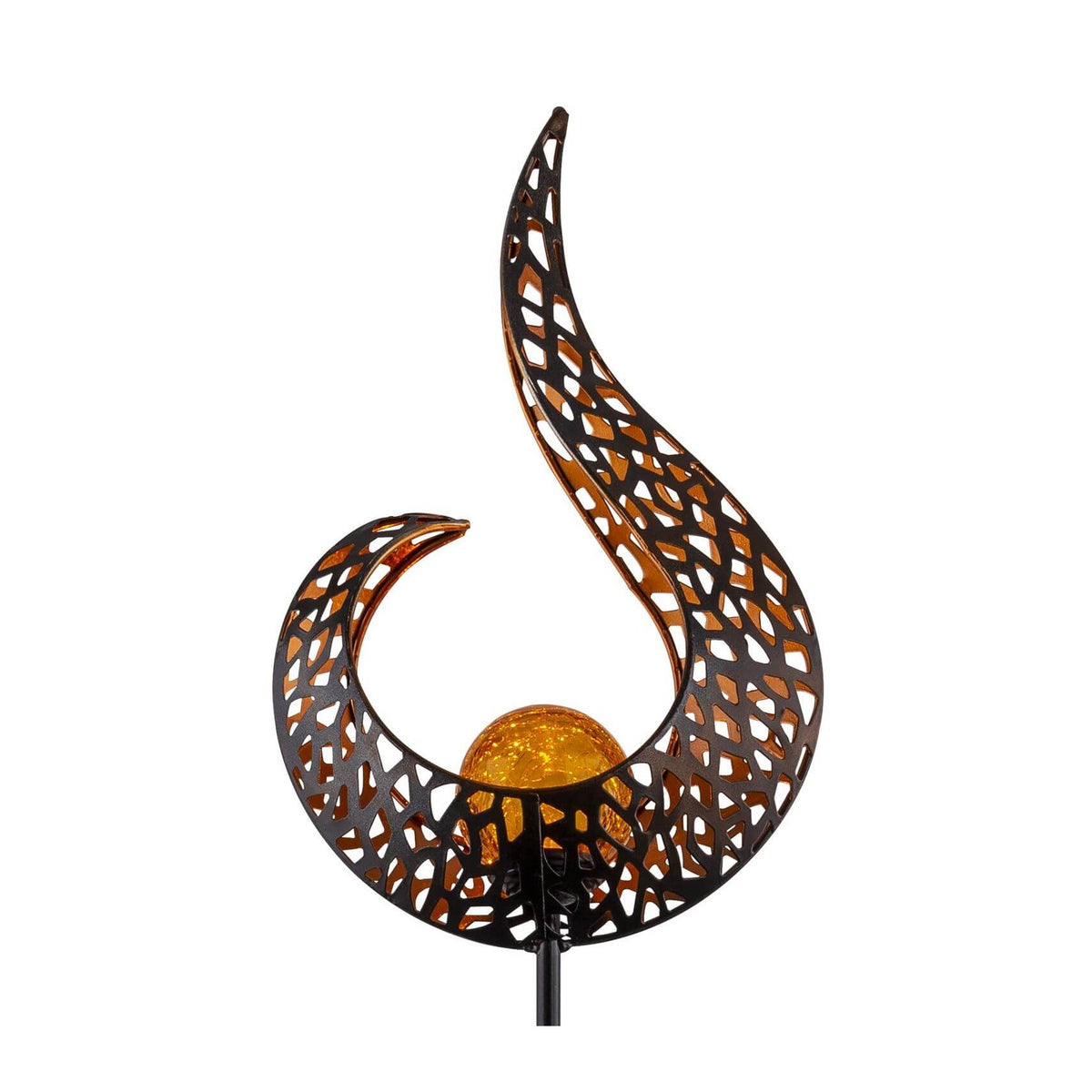 Luminaire solaire à piquet, silhouette de flamme noire ajourée et boule ambrée
