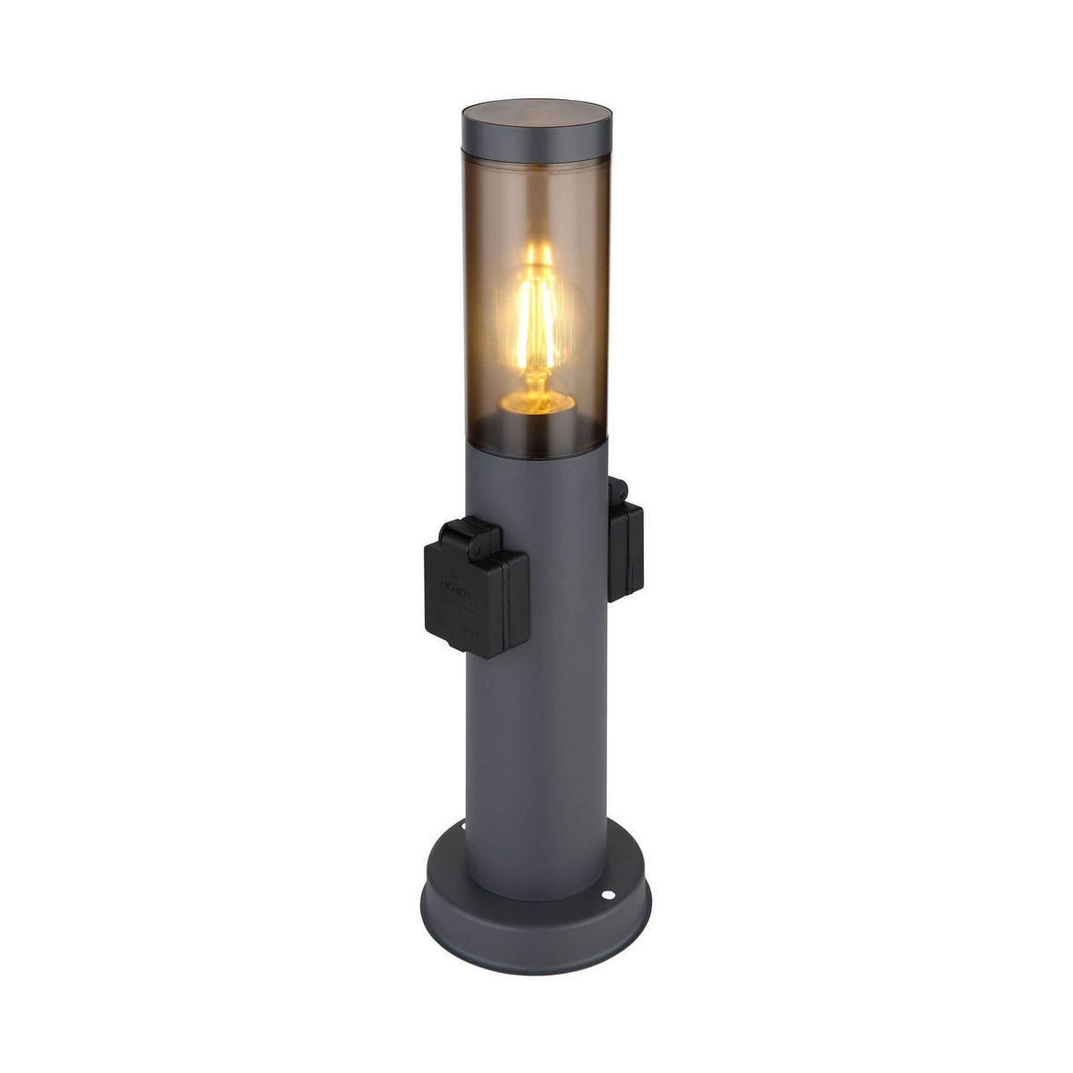 Luminaire extérieur cylindrique anthracite avec ampoule visible et prises latérales sur fond blanc.