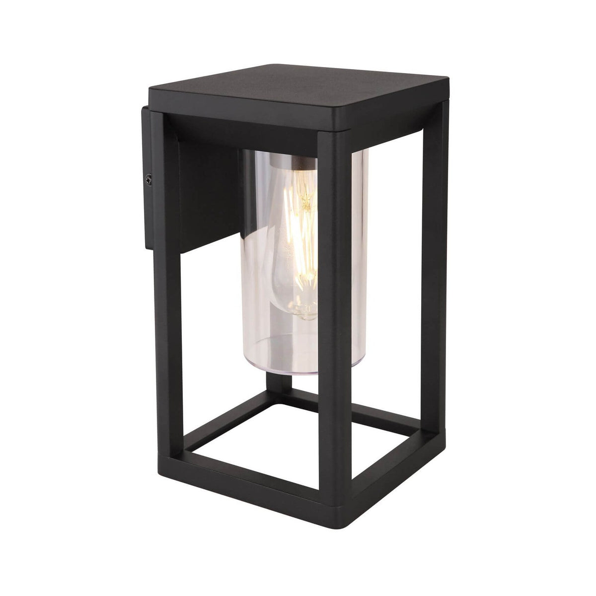 Luminaire mural noir mat en aluminium, cadre rectangulaire ouvert et cylindre en verre, sur fond blanc.