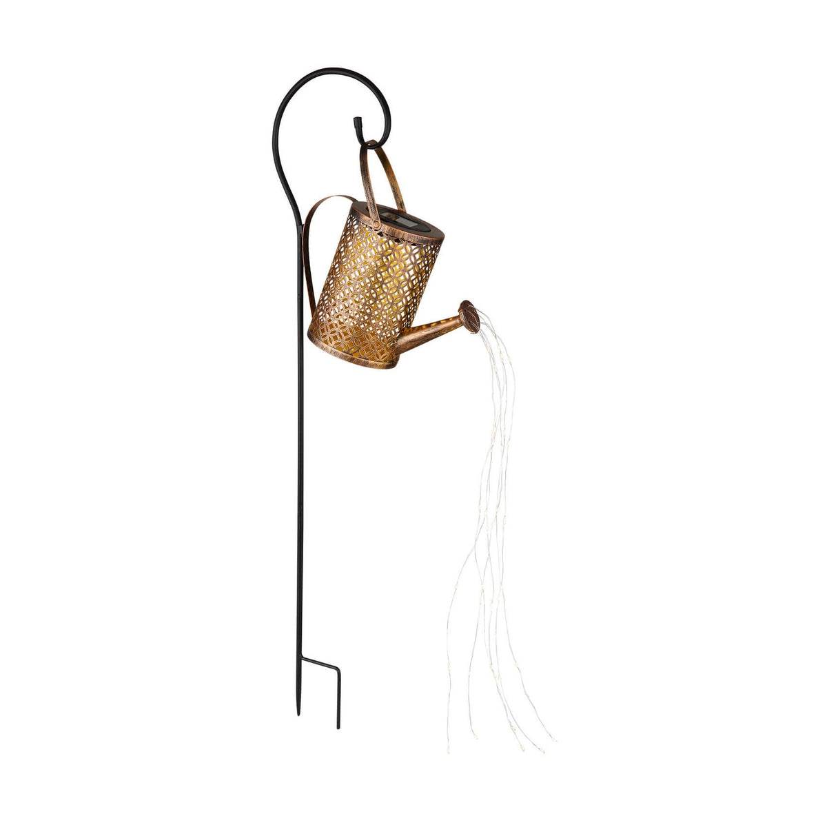 Luminaire extérieur en forme d'arrosoir doré suspendu à un crochet noir, sur fond blanc