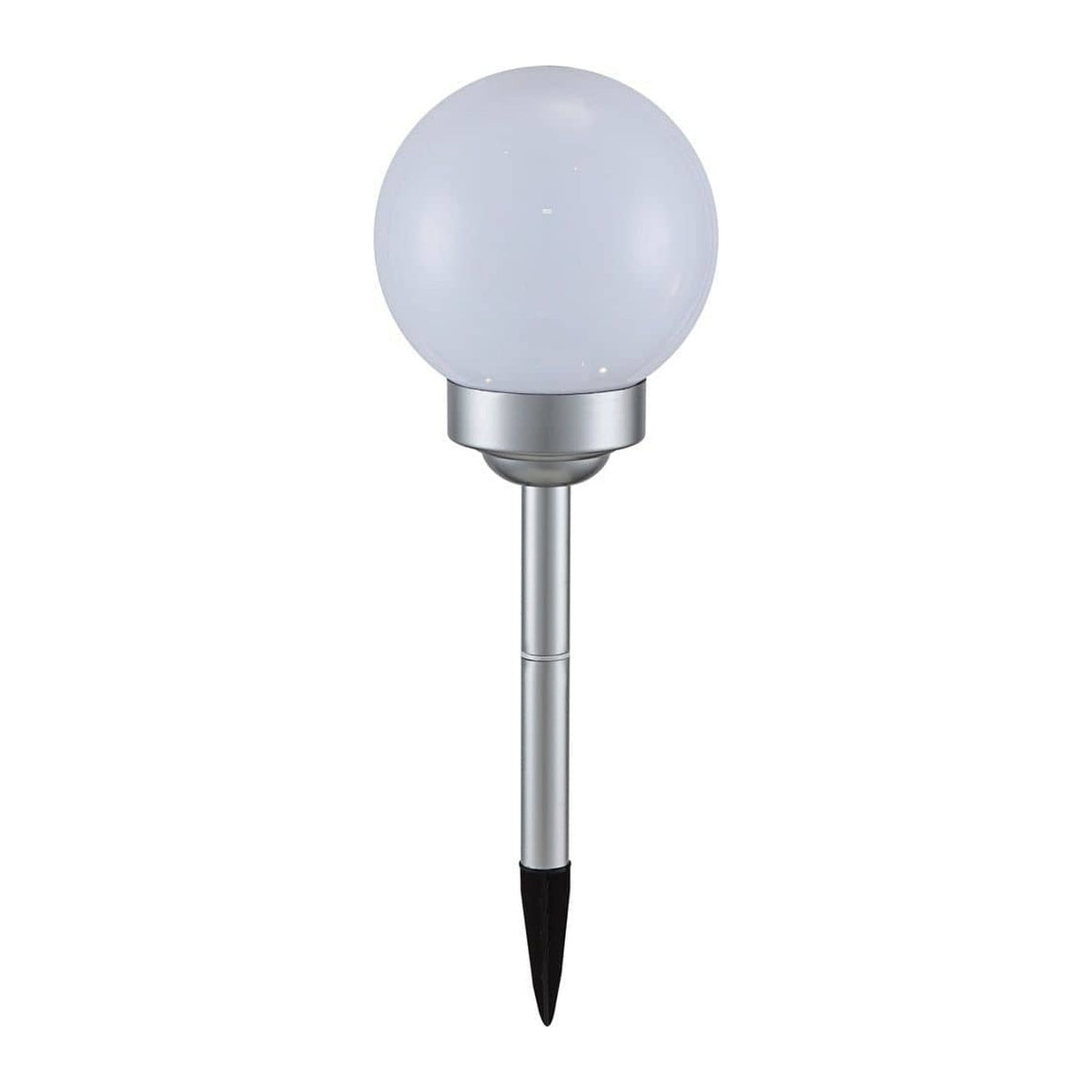 Luminaire solaire argenté vu de face, sphère blanche sur piquet et pointe noire