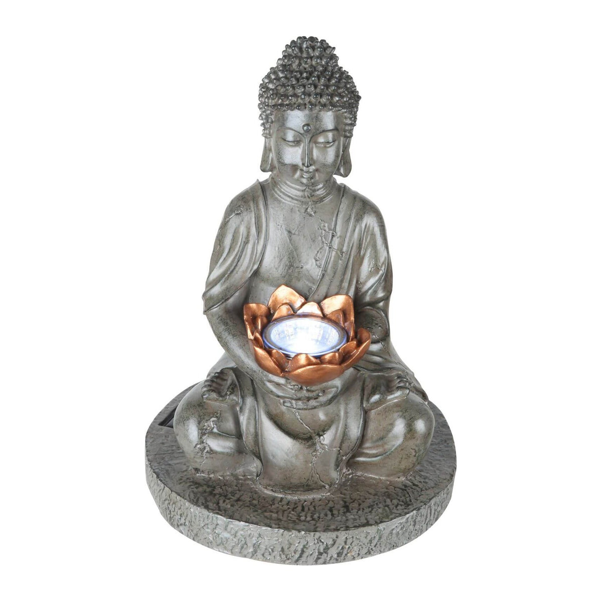 Statue de Bouddha assise de face, tenant une fleur de lotus éclairée