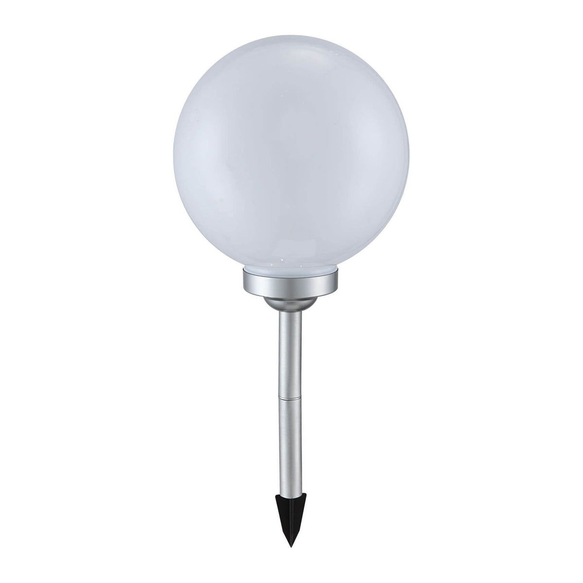 Luminaire extérieur solaire argenté avec globe blanc sphérique et piquet.