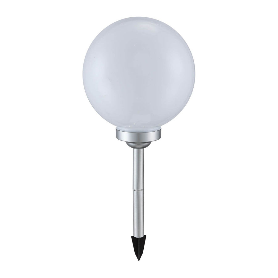 Luminaire extérieur solaire argenté avec globe blanc sphérique et piquet.