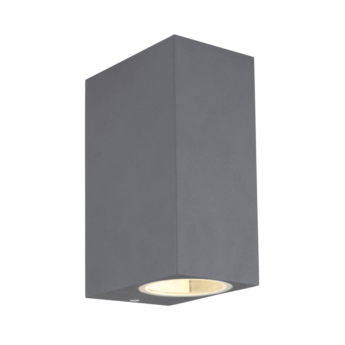 Vue de trois quarts d'un luminaire mural anthracite avec sortie de lumière chaude vers le bas.