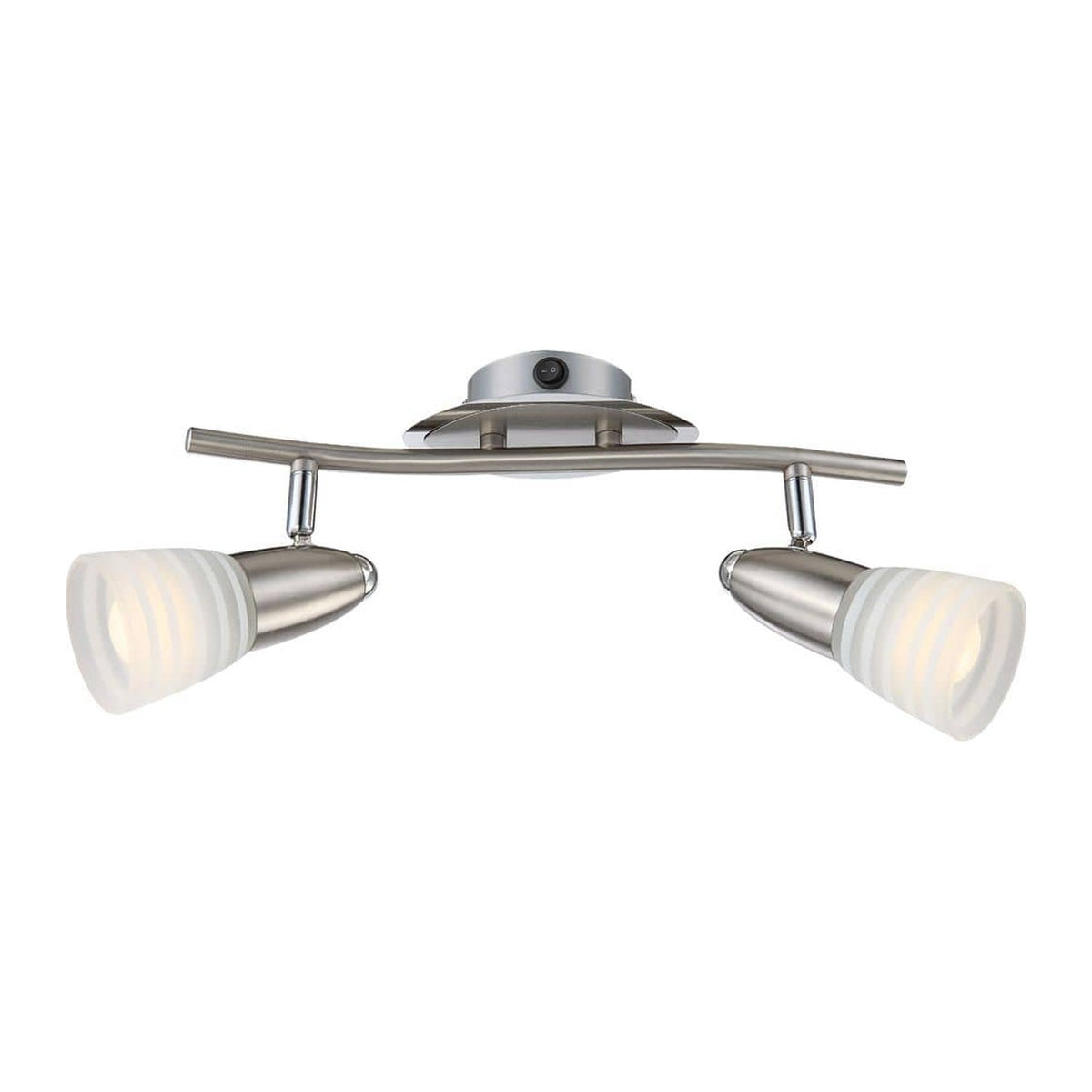 Vue de face du plafonnier nickel satiné avec deux spots orientables et verres striés.