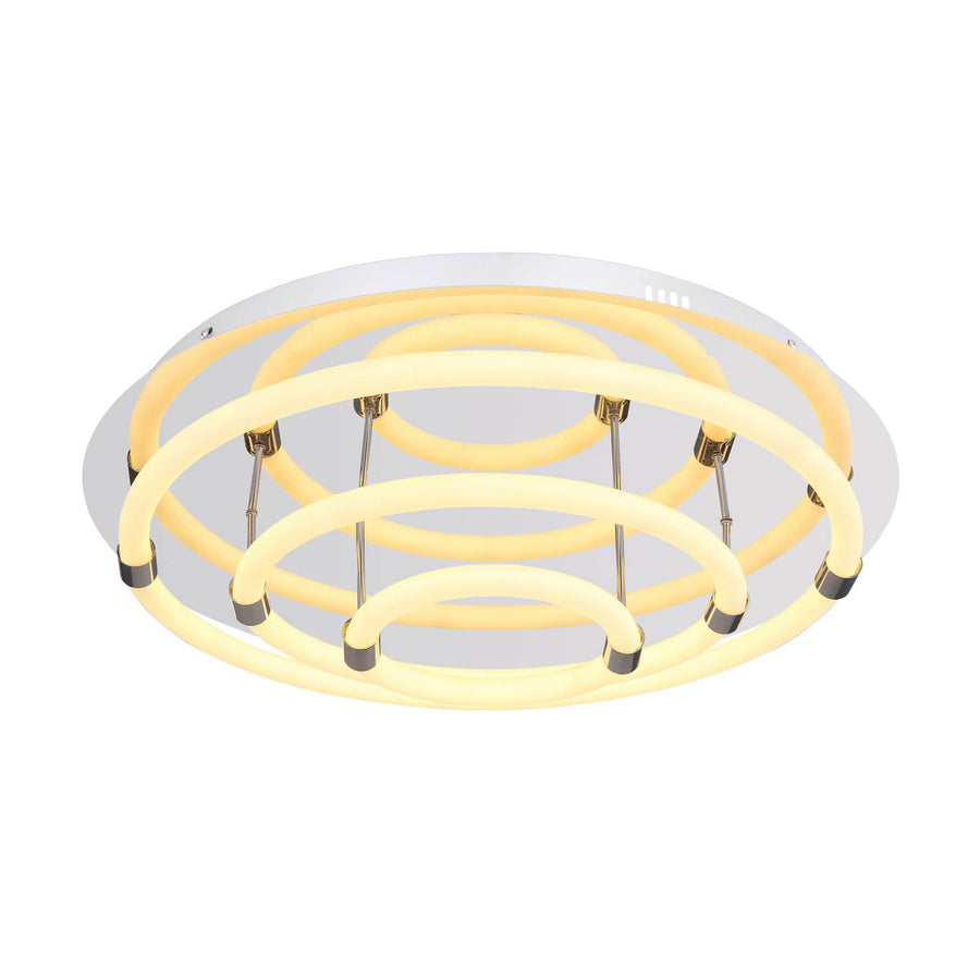 Plafonnier rond vu de trois quarts, anneaux lumineux concentriques sur socle verre