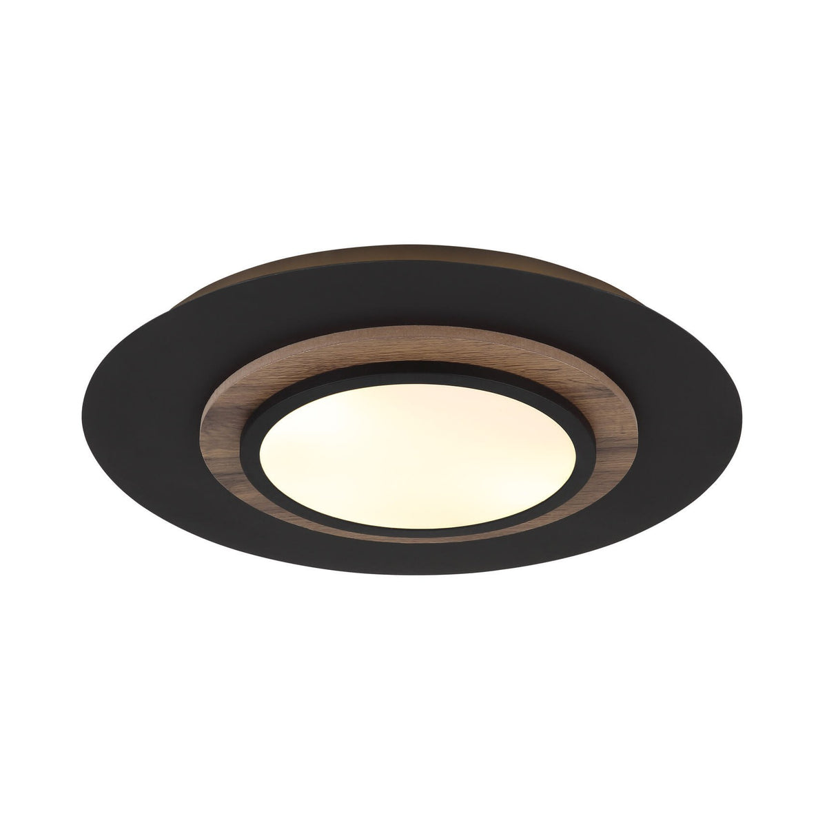 Plafonnier rond noir mat avec anneau décor bois et diffuseur blanc, vu de face