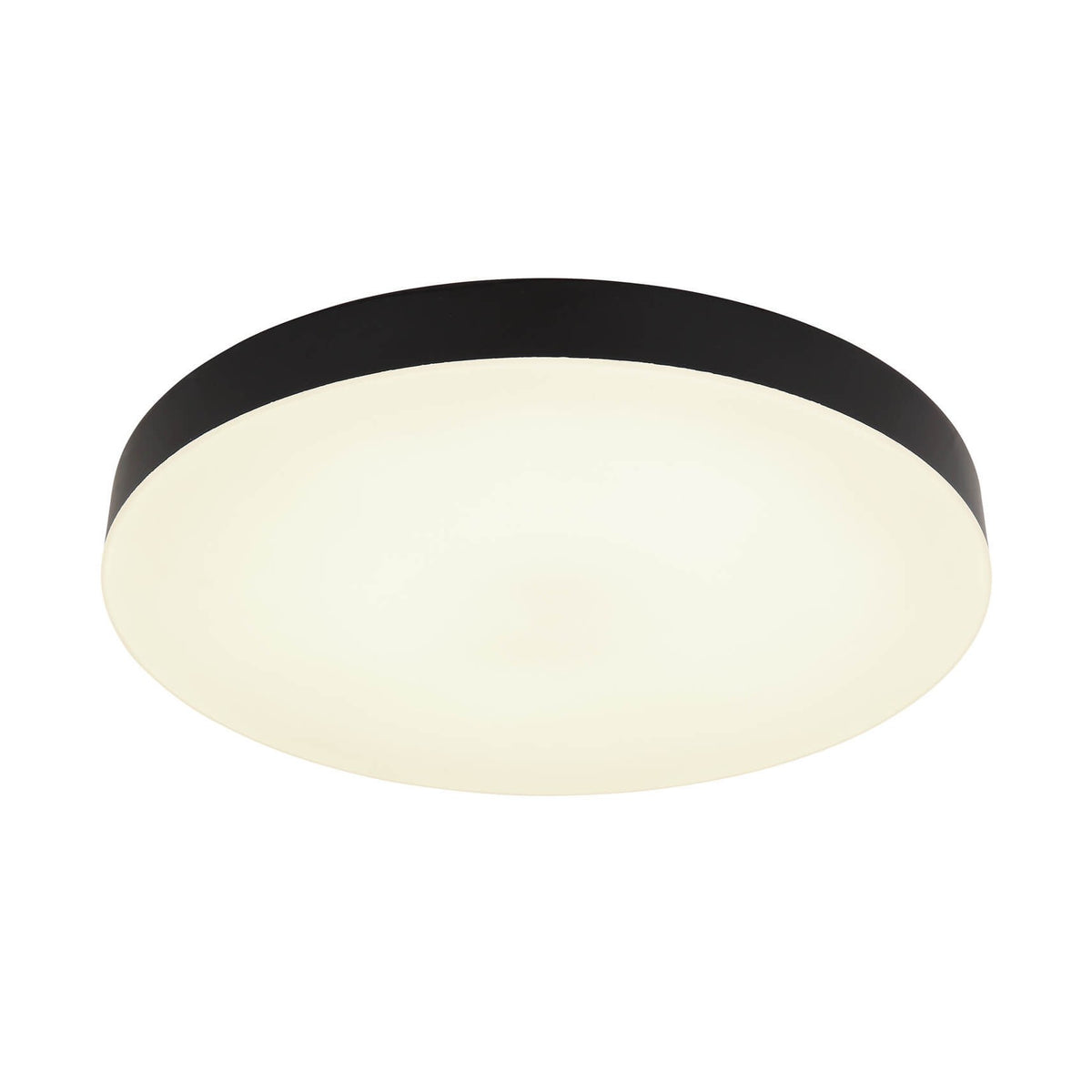 Plafonnier rond noir mat, diffuseur opale blanc vu de trois quarts en éclairage neutre