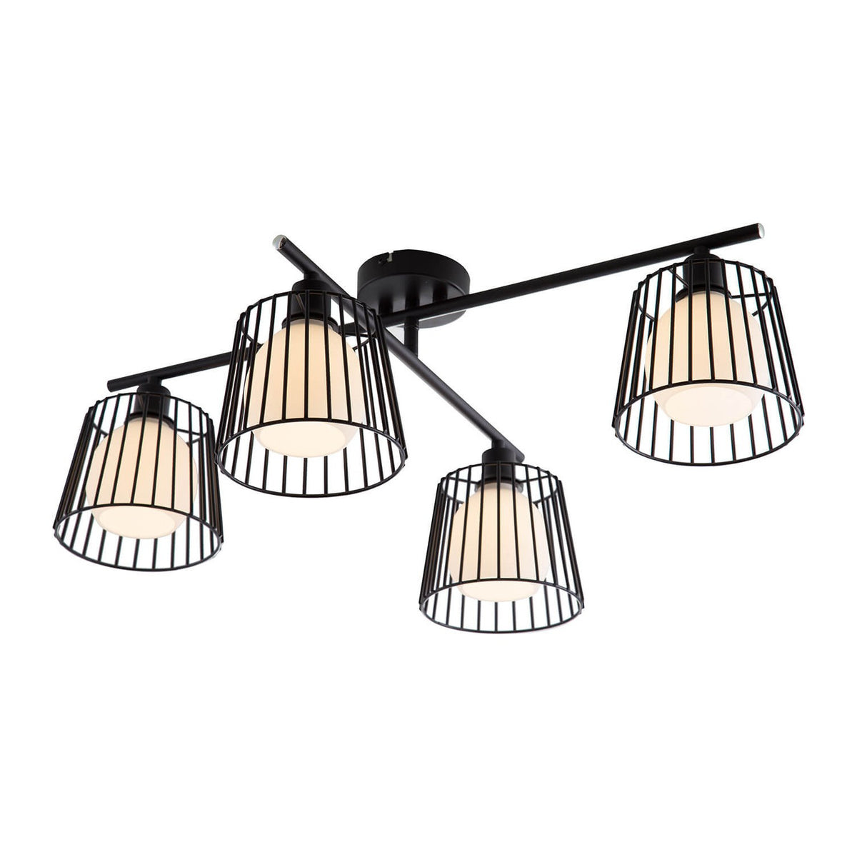 Plafonnier à quatre lumières noires avec cages métalliques coniques, vu de face sur fond blanc