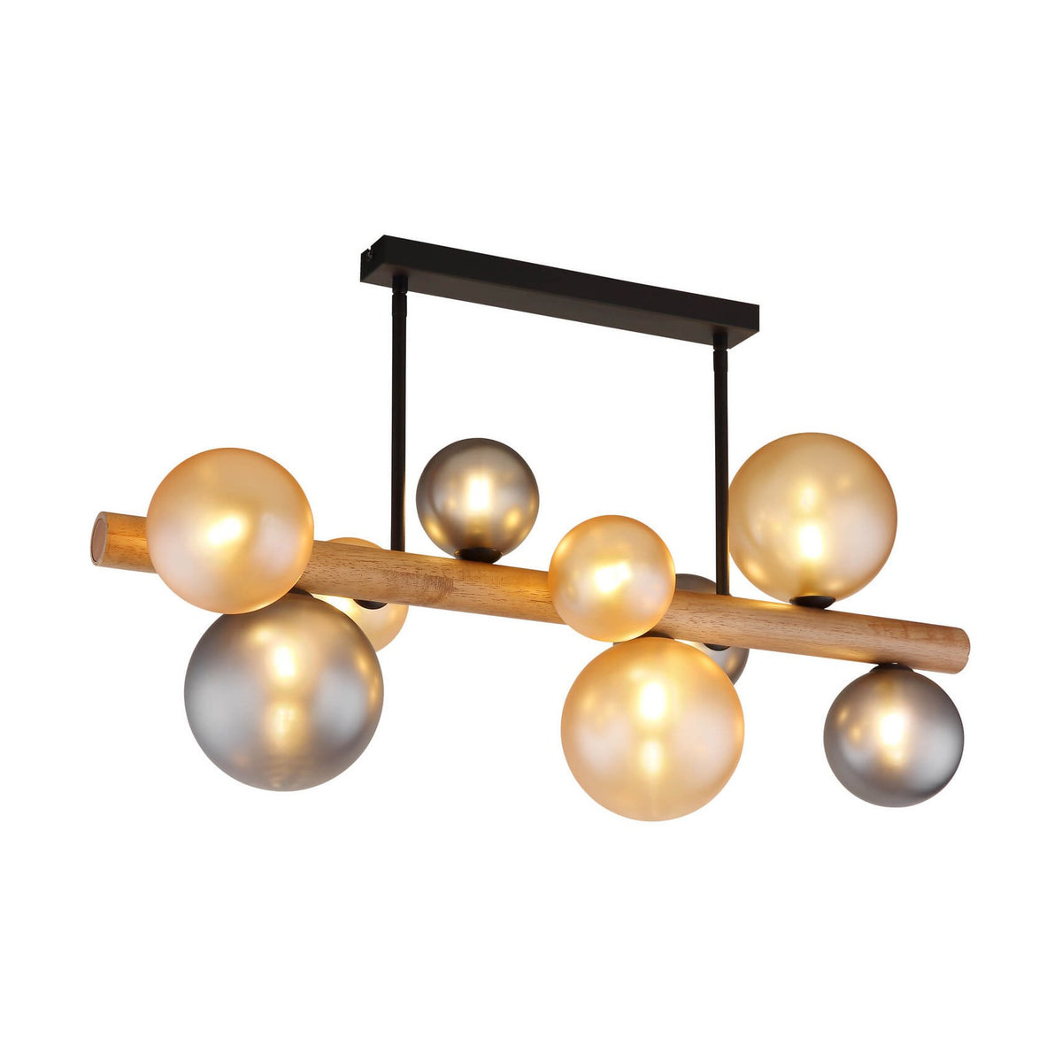 Luminaire vu de trois quarts, barre en bois et neuf globes de verre fumé