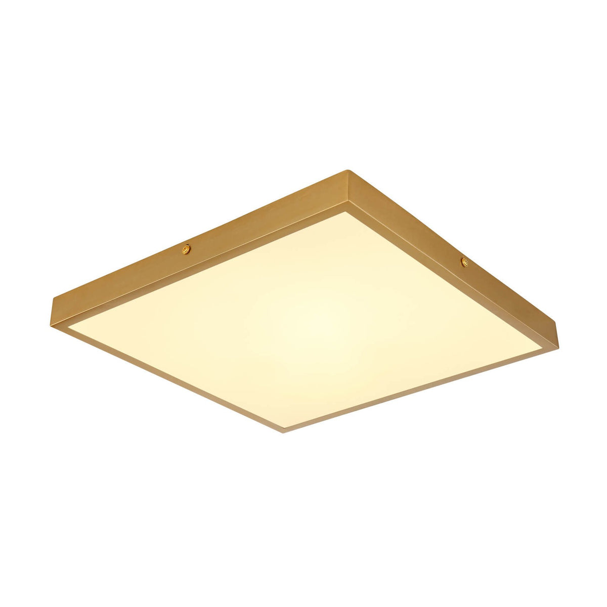 Plafonnier carré vu de trois quarts, cadre en laiton et diffuseur blanc allumé