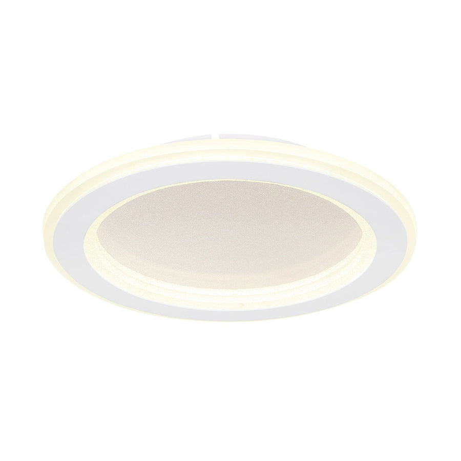 Vue de trois quarts du plafonnier blanc allumé, anneau lumineux et diffuseur central.