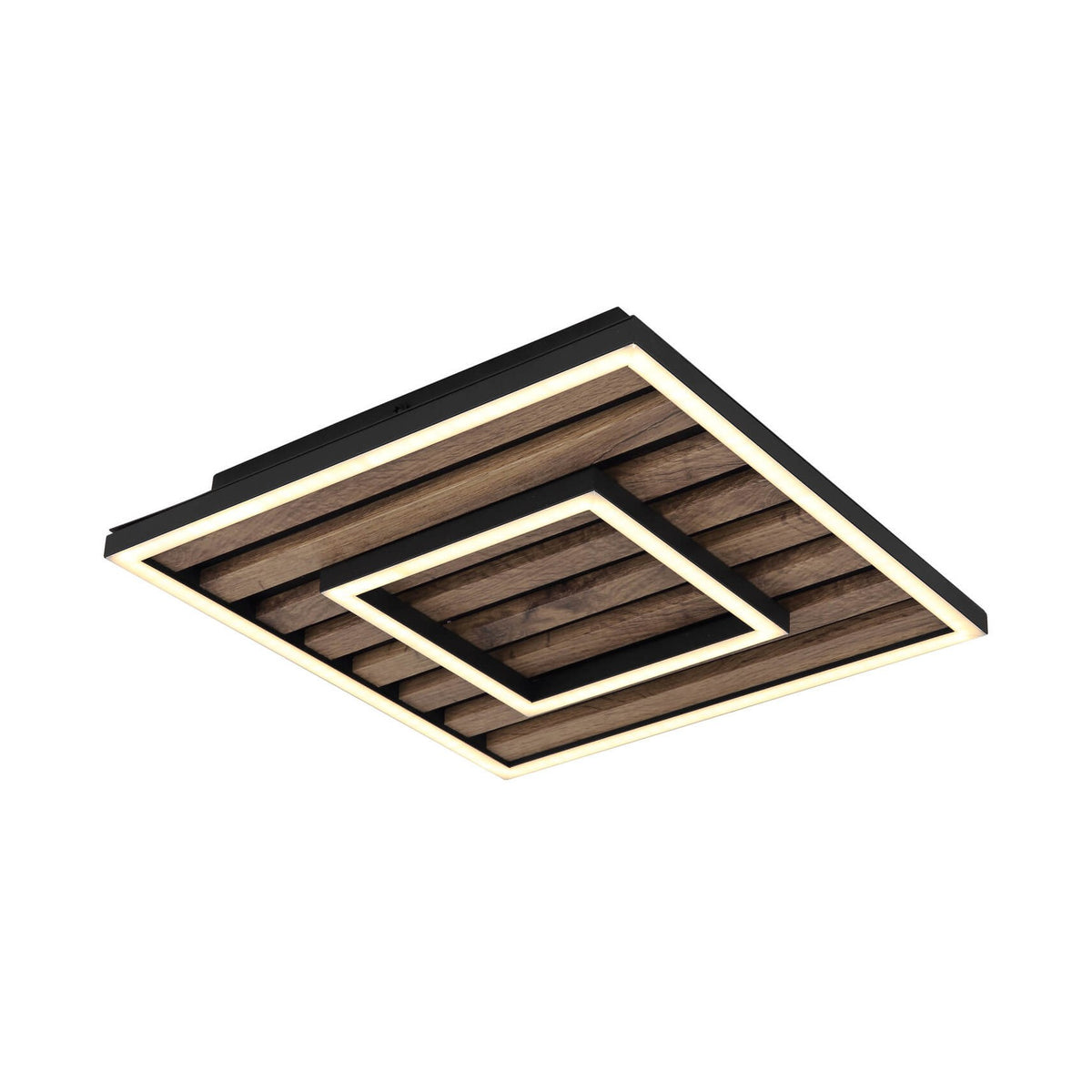Vue de trois quarts du plafonnier carré noir et bois, LED allumée