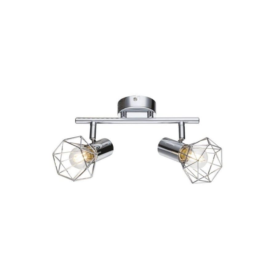 Spot deux lumières chromé vu de face, cages géométriques et ampoules apparentes