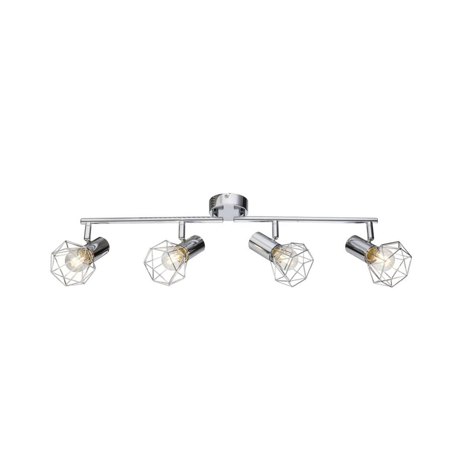 Spot chromé à quatre lumières orientables, vue de face sur fond blanc.