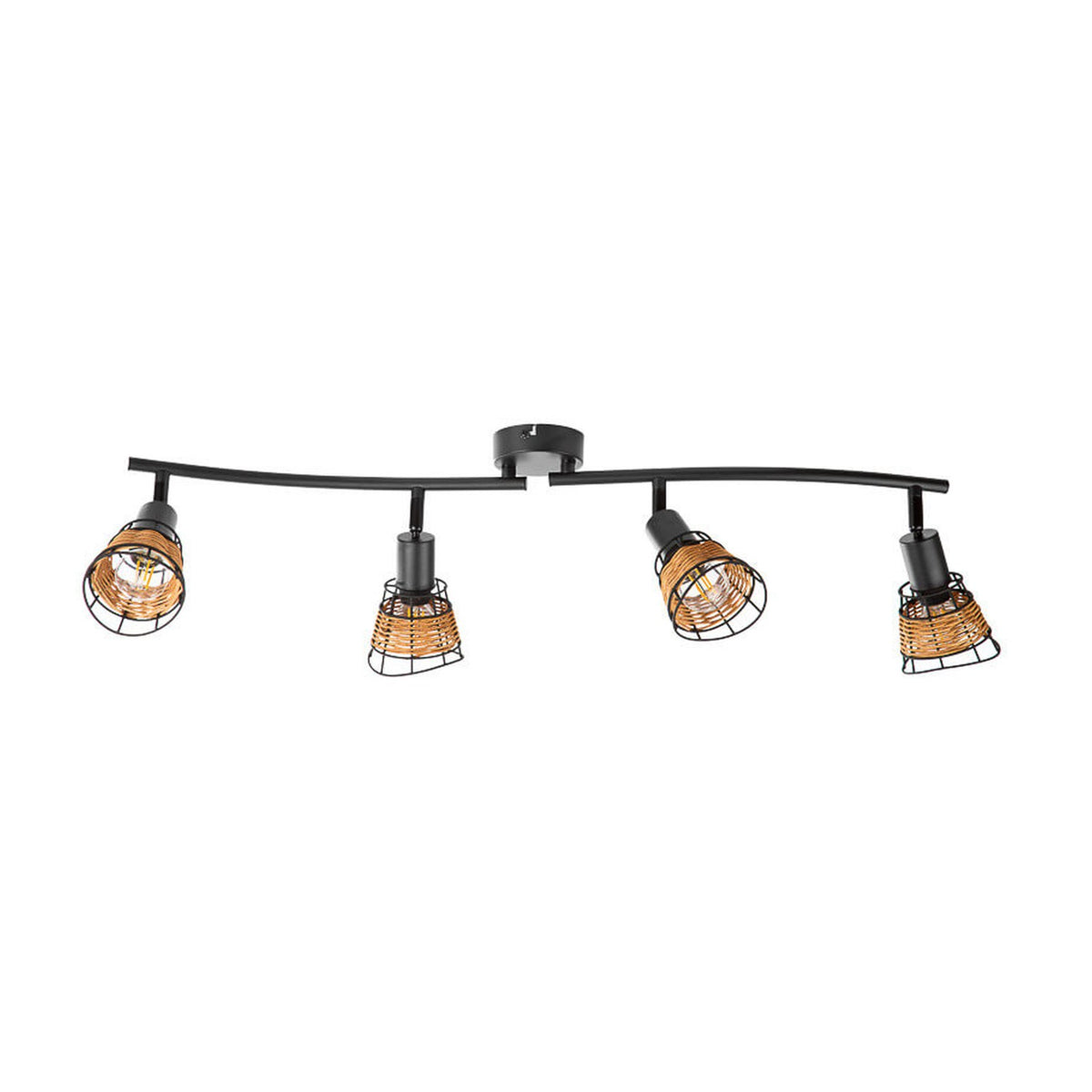 Spot plafond noir à quatre têtes orientables avec cages en rotin, vue de face.