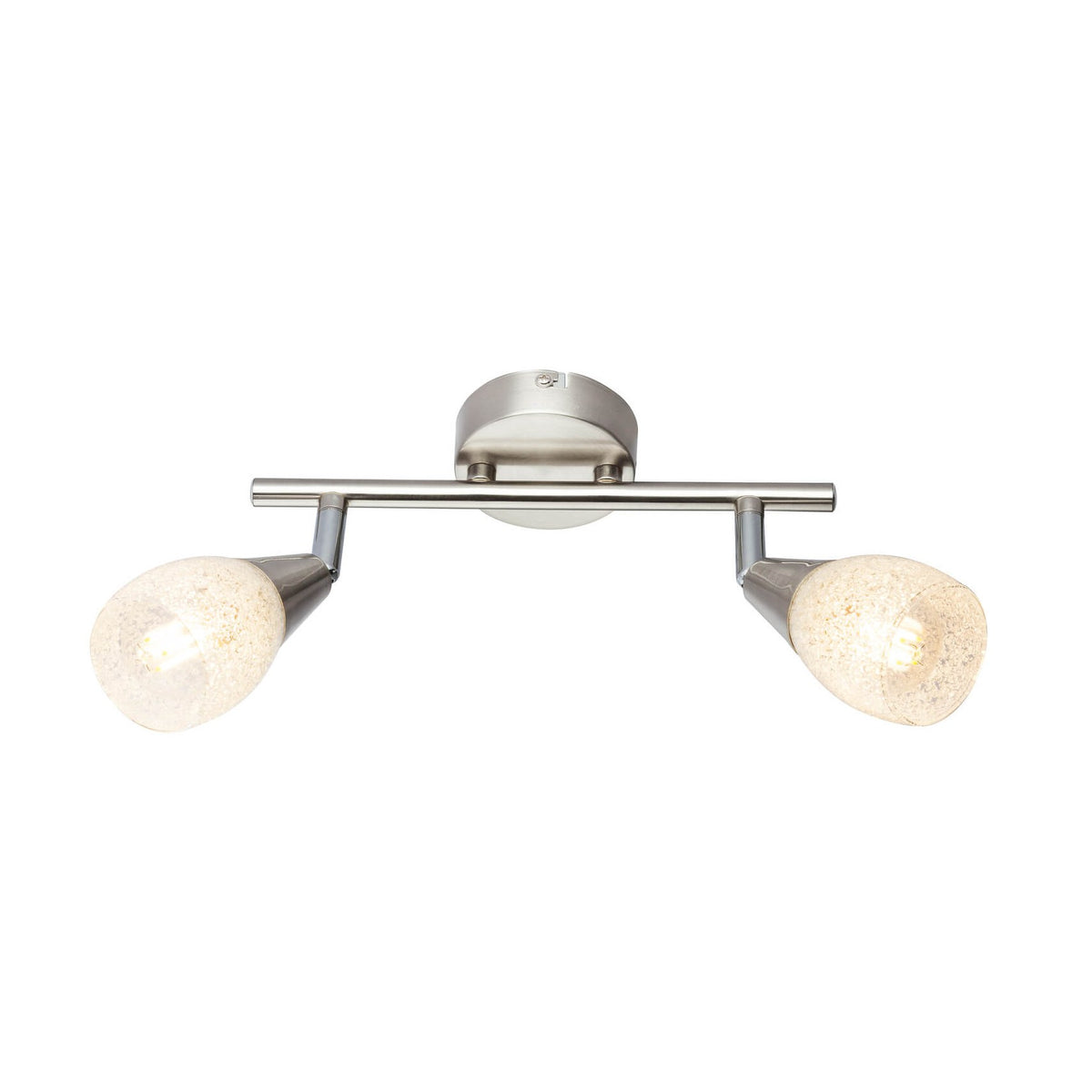 Spot deux têtes orientables en nickel satiné, vue de face sur fond blanc