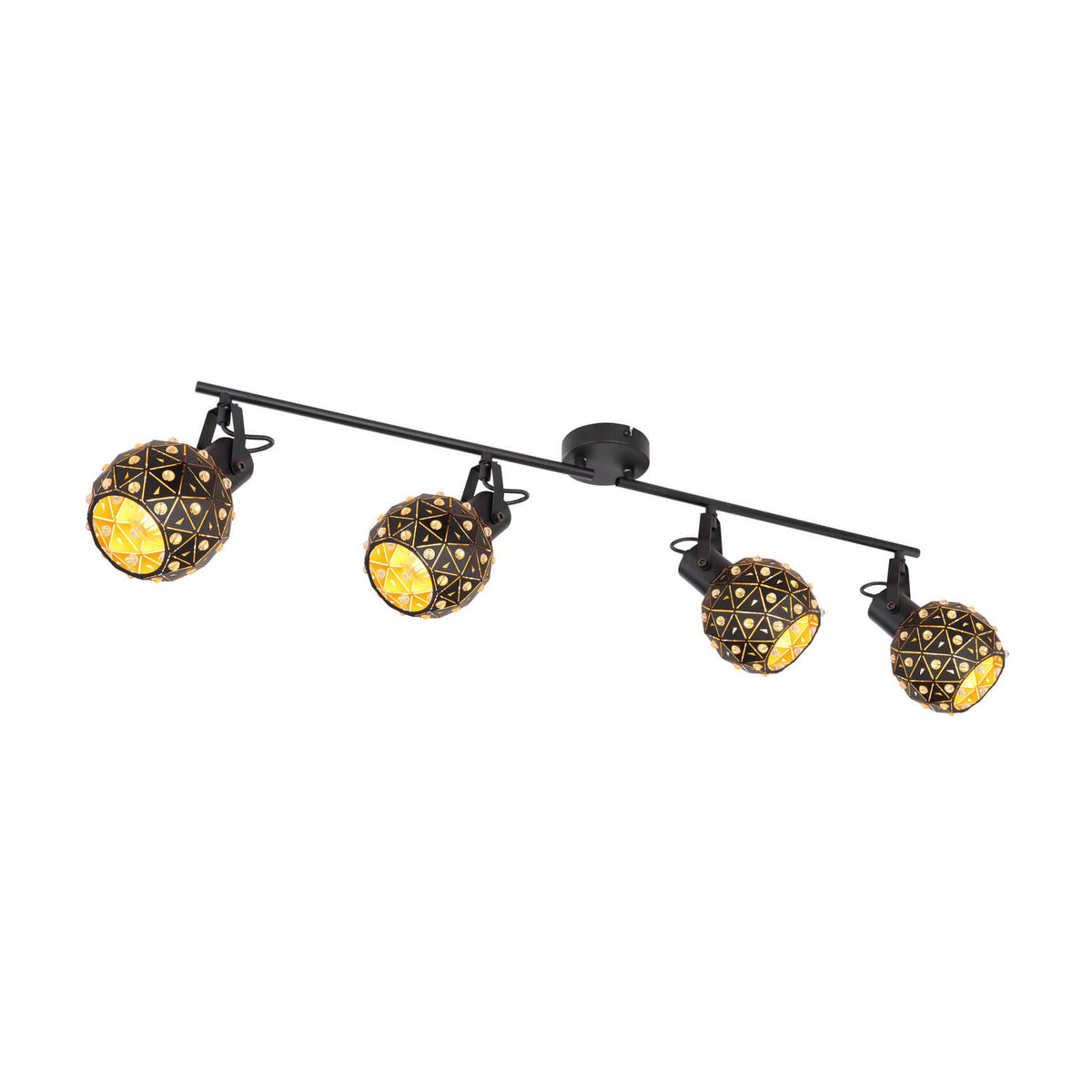 Vue de trois quarts du luminaire noir à quatre spots orientables sur barre horizontale