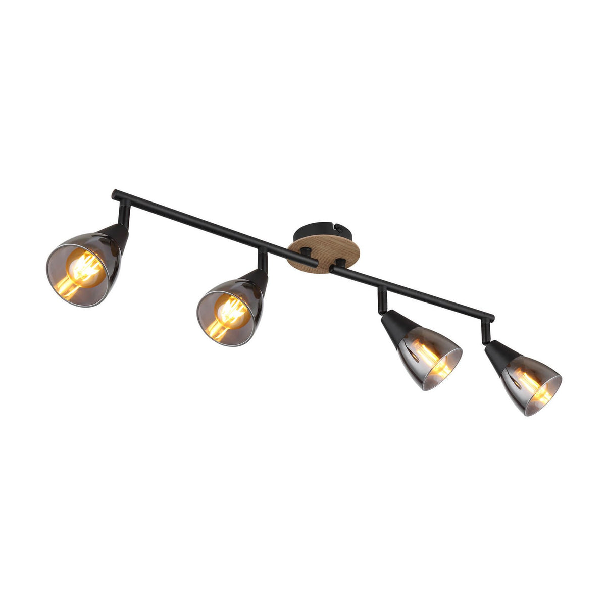 Luminaire quatre spots noir mat sur rail, présenté en biais sur fond blanc