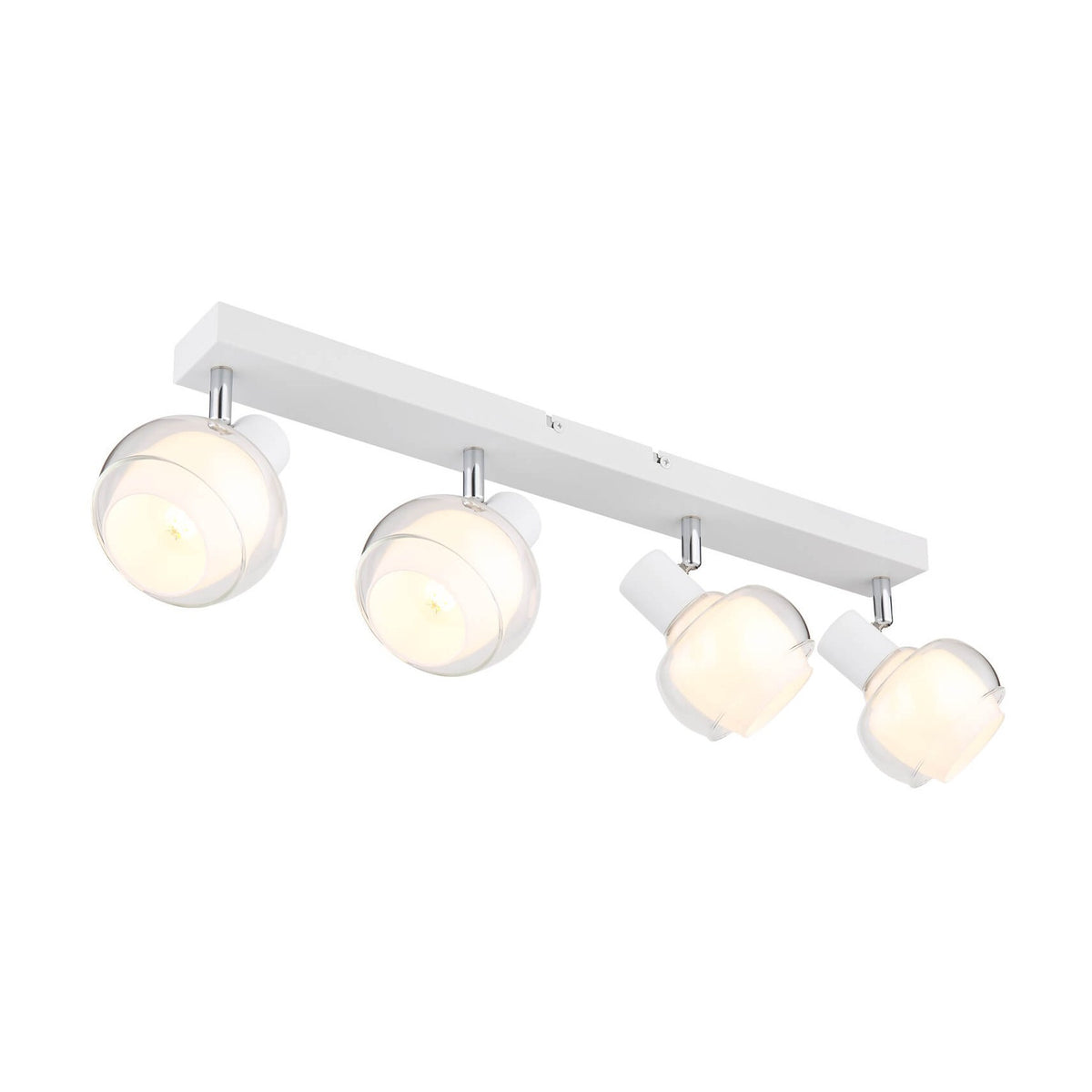 Vue d'ensemble du plafonnier blanc à quatre spots orientables, verre transparent et diffuseur dépoli.