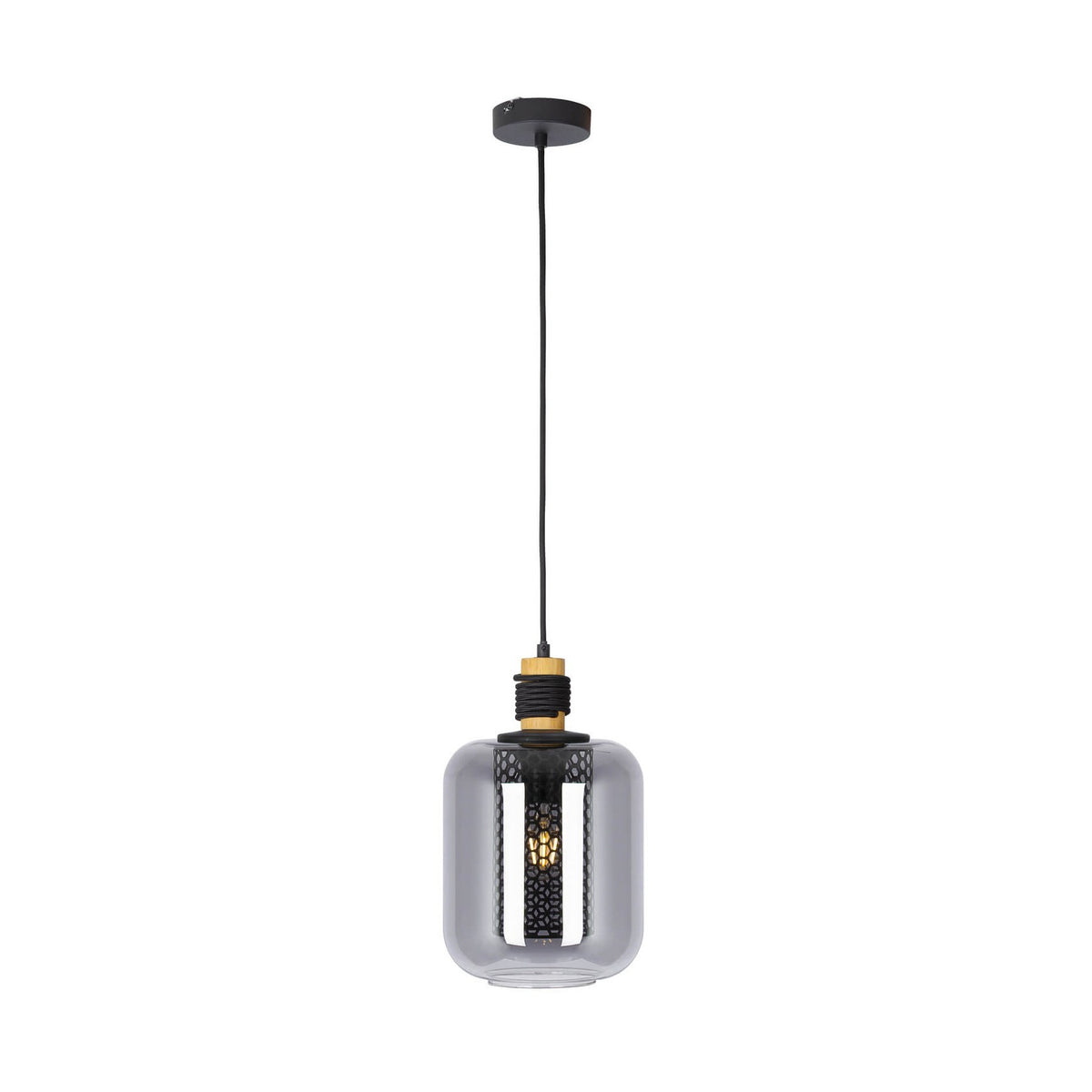 Vue de face sur fond blanc de la suspension noire avec rosace et câble