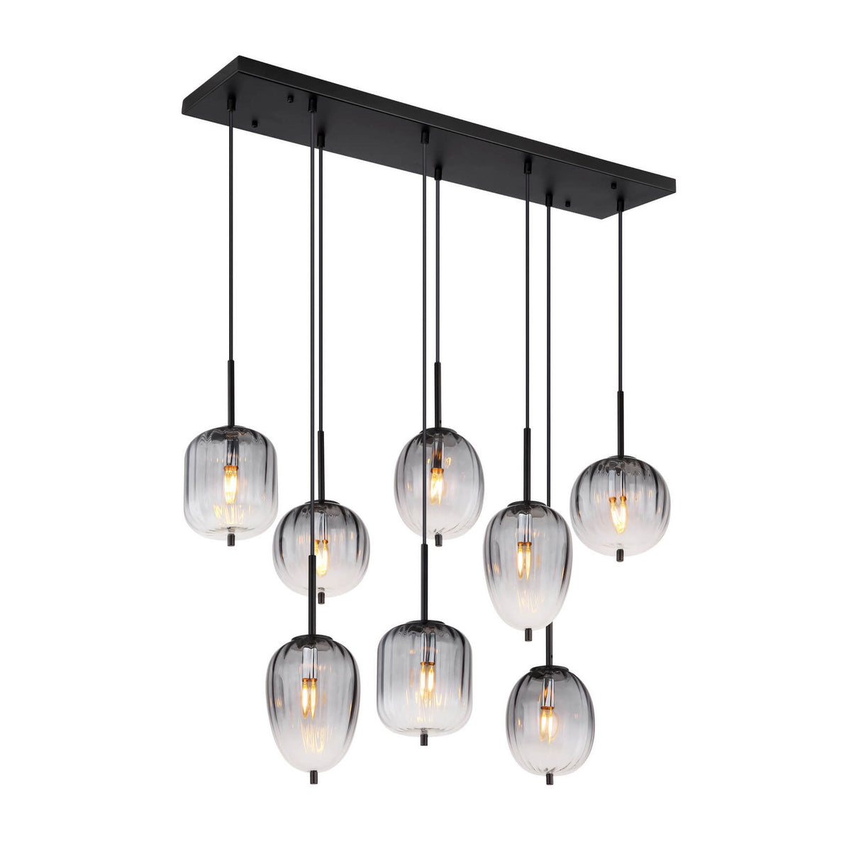 Suspension noire à huit globes de verre fumé suspendus à des hauteurs variables