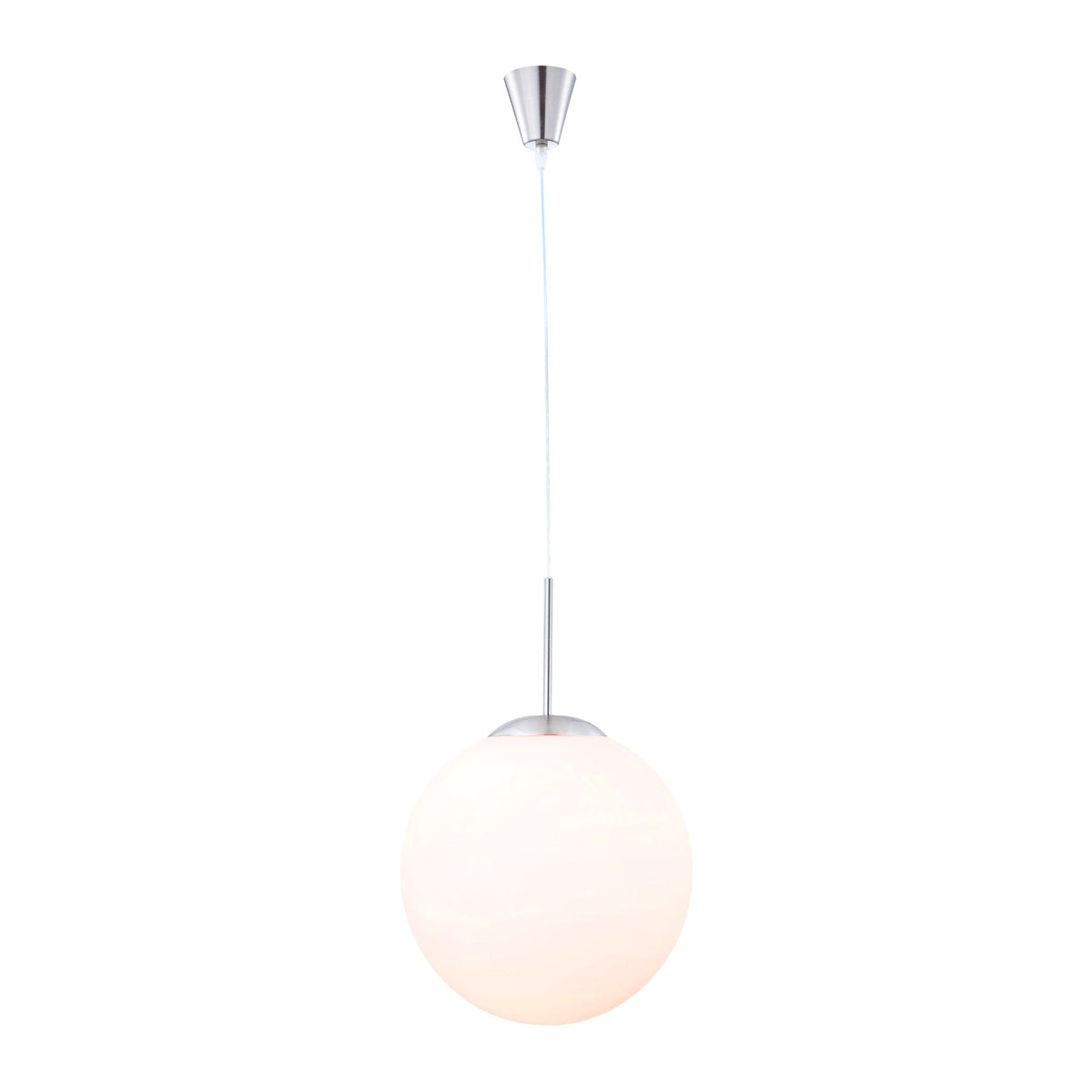 Suspension complète vue de face, câble fin et globe blanc sur fond neutre