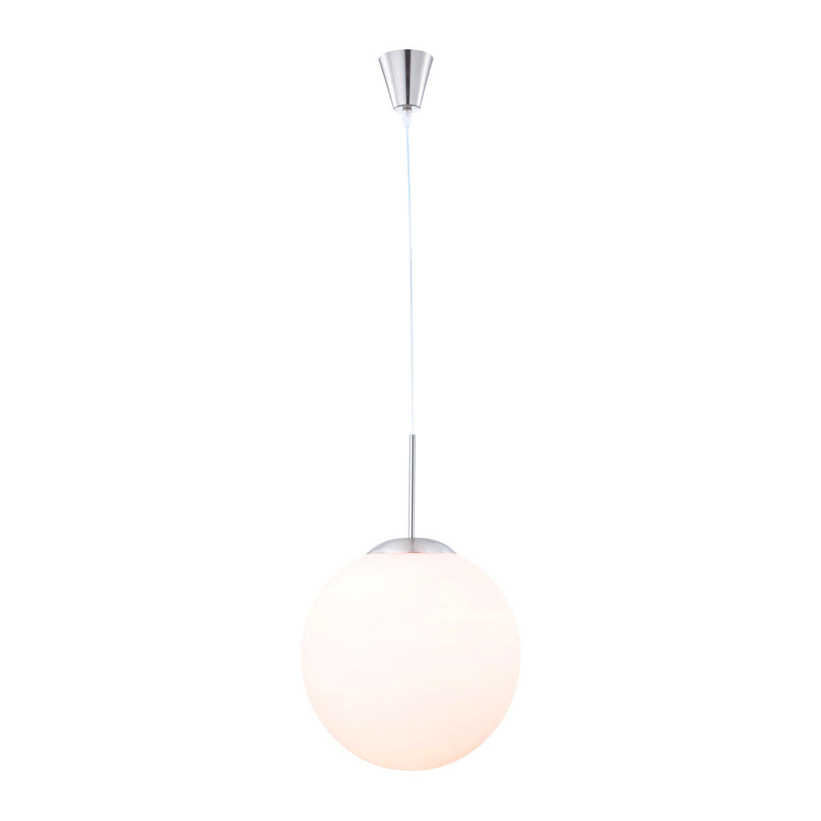 Suspension complète vue de face, câble fin et globe blanc sur fond neutre