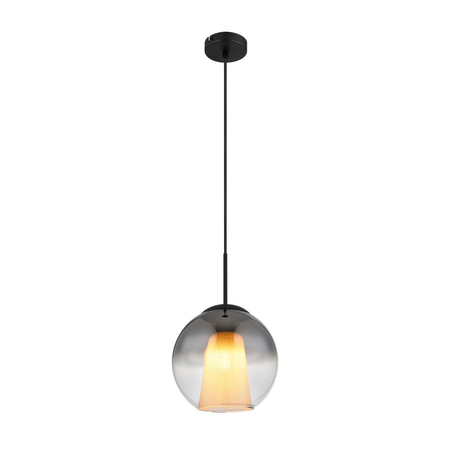 Suspension noire mate avec globe en verre fumé et diffuseur intérieur ambré